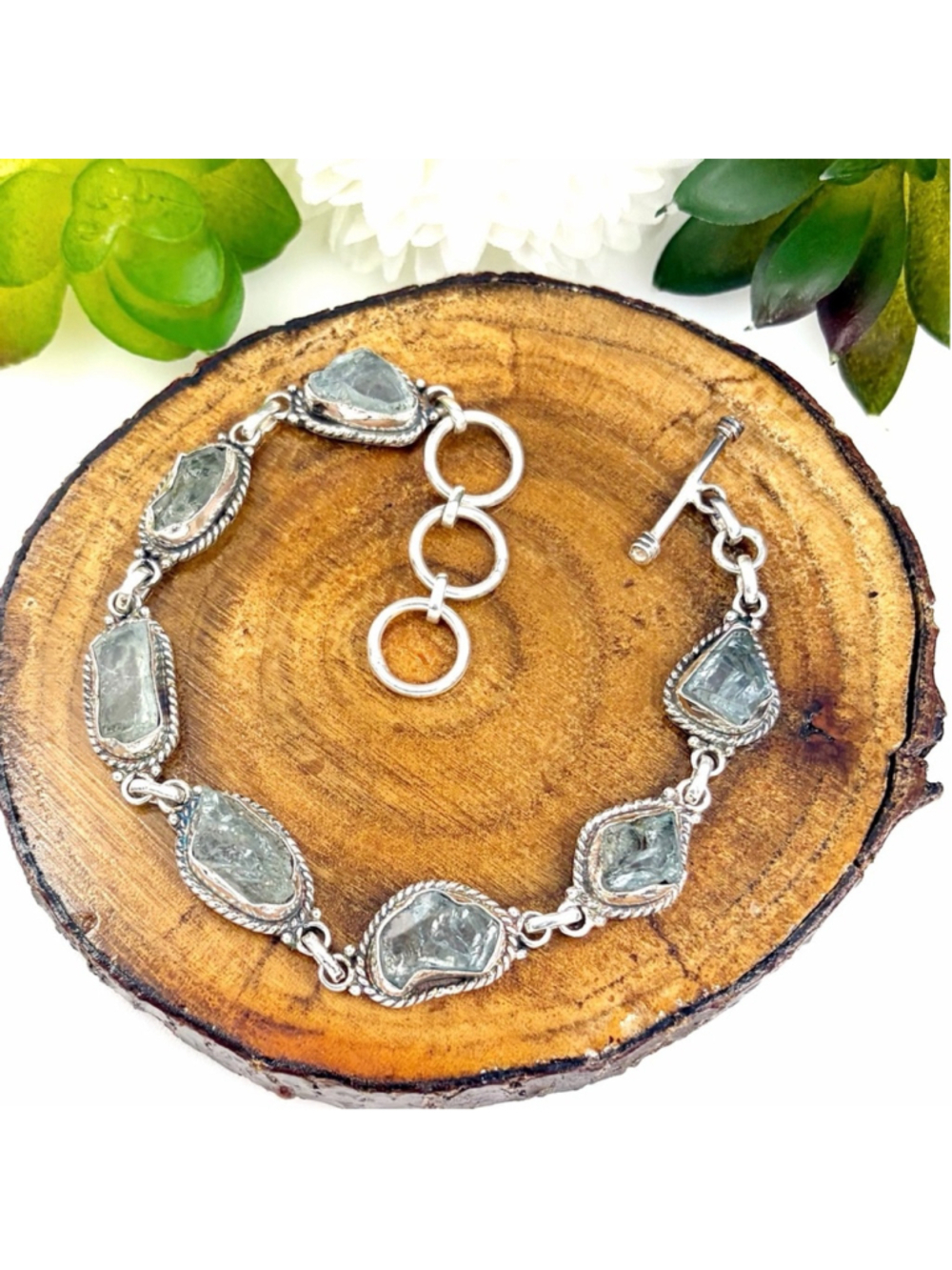 Raw Aquamarine Bracelet Boho Southwest Vintage Style Sterling Silver 925 New